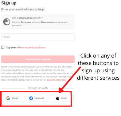 Create a Deriv account using Different services