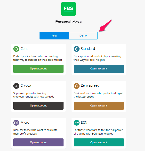 FBS real account registration choose account